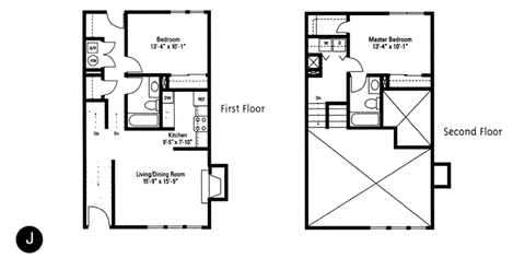 2 bedroom 2 bath J 2D Townhome floor plan - Crawford Square, Pittsburgh, PA